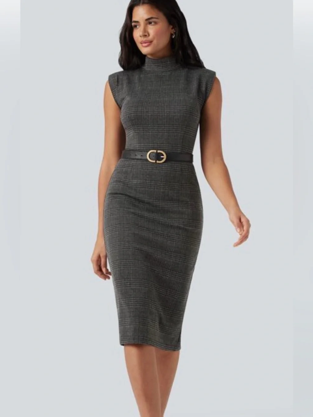 HALARA High Neck Sleeveless Bodycon Houndstooth Plaid Midi Work Dress - Picture 4 of 13